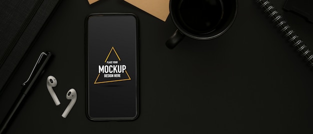 PSD scrivania da lavoro con smartphone mockup, forniture, accessori