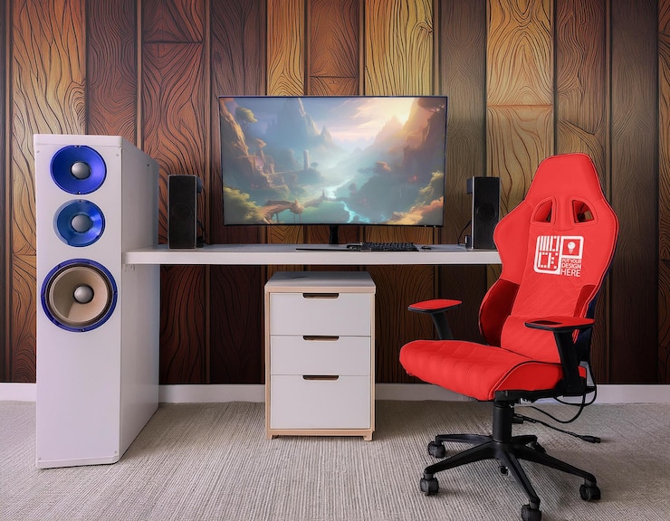 PSD working and gaming setup interior with any color mockup