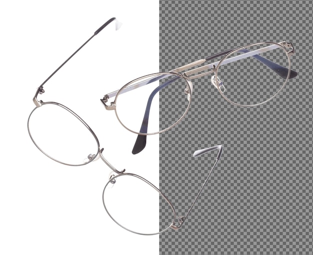 working smart fashion glasses fly in air showing many angle rotated fashion trend glasses for confident work and beautiful wearing is good for shape of head white background isolated