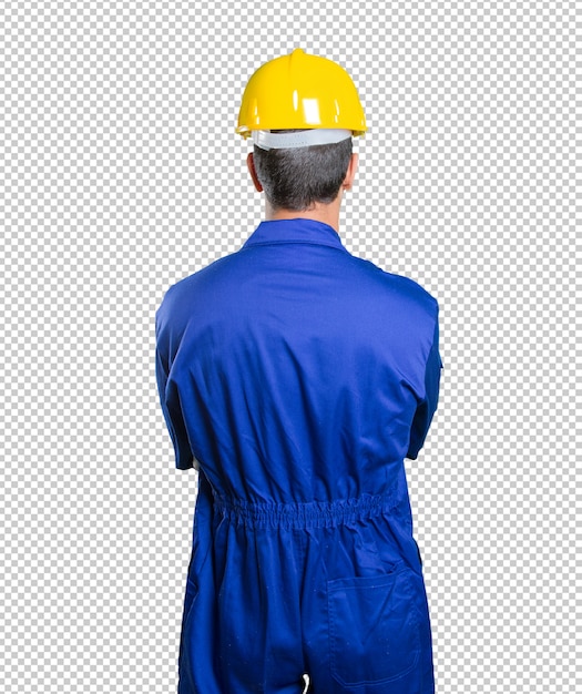 PSD workman back thinking on white background