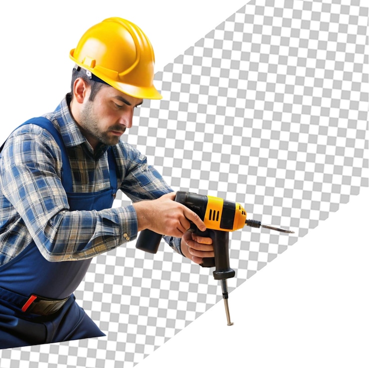 PSD workman with drill over white background
