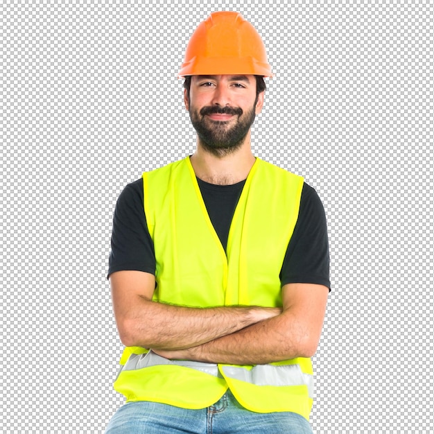 workman with his arms crossed over white background