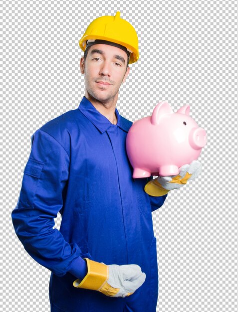 Workman worried about his economy on white background