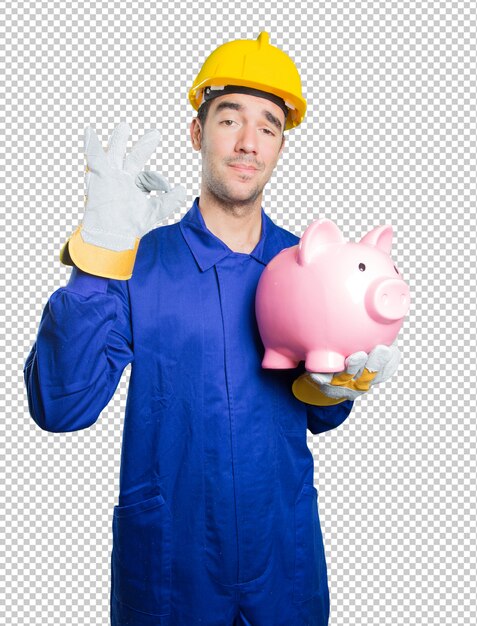 Workman worried about his economy on white background