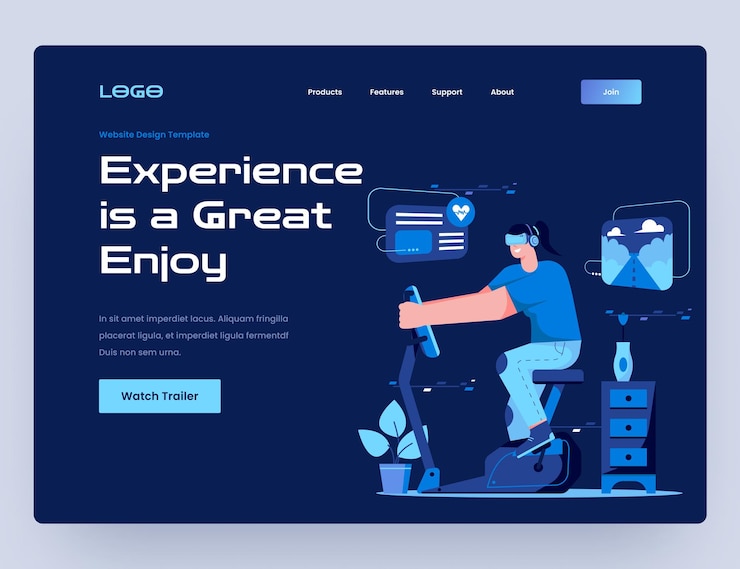 PSD workouts bicycle with virtual reality website template