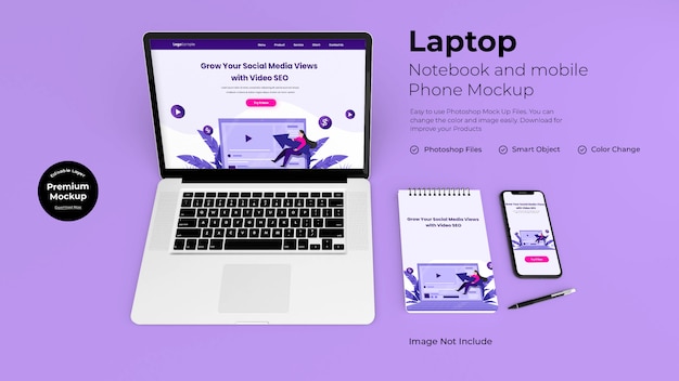 Workplace laptop and notebook mockup