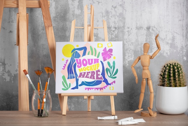 Workshop mock-up design with painting canvas