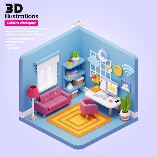 PSD workspace 3d illustrations rekt stoel en bureau in 3d-compositie uit