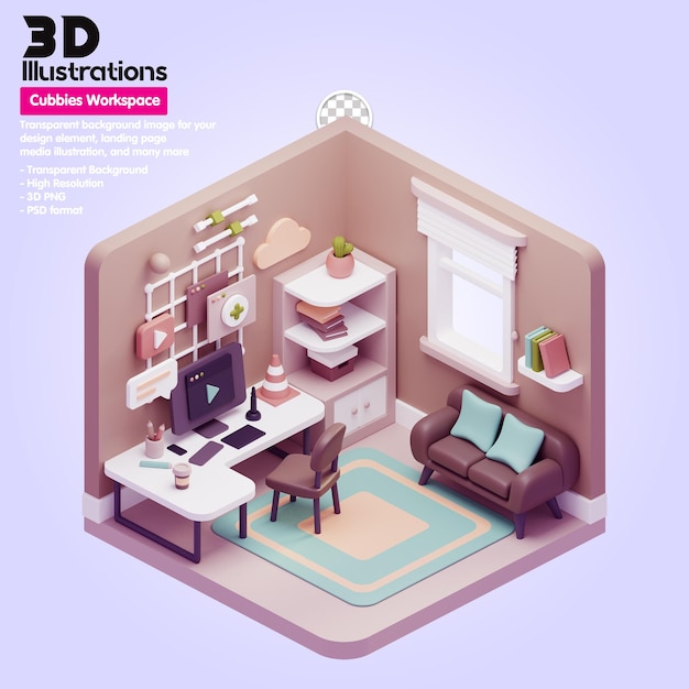 PSD workspace 3d illustrations rekt stoel en bureau in 3d-compositie uit