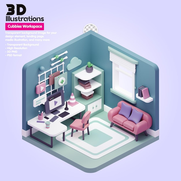 PSD workspace 3d illustrations stretches 3d composition 
 chair and desk