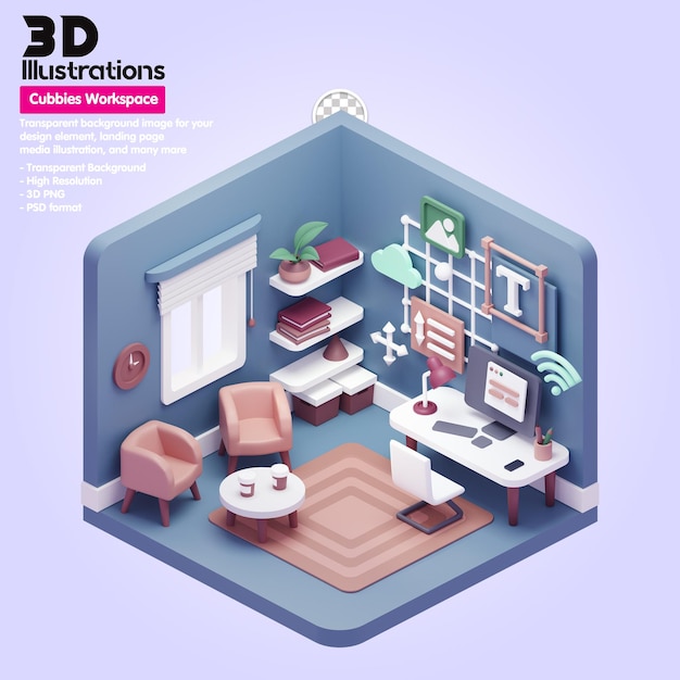 PSD workspace 3d illustrations stretches 3d composition 
 chair and desk