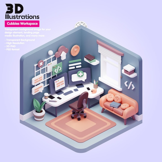 3D-иллюстрации рабочего пространства растягивают 3D-композицию стула и стола