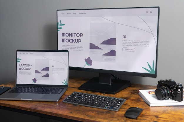 PSD workspace desk with external monitor device