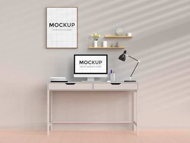 Workspace in home interior. Desk with computer and frames mockup