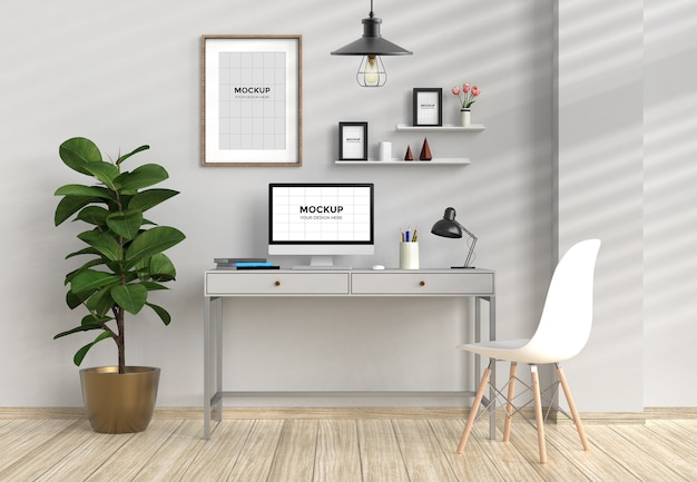 PSD workspace in home interior with computer and frames mockup