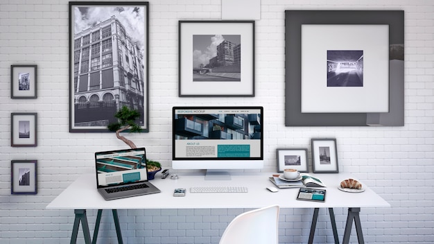 PSD workspace mockup with computer