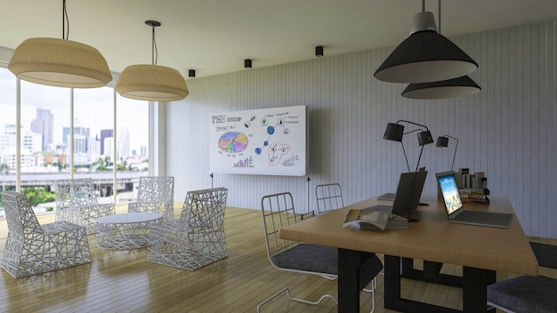 Workspace mockup with laptop and whiteboard