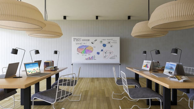 PSD workspace mockup with laptops and whiteboard