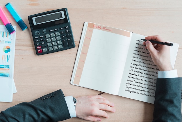 Workspace with agenda and calculator