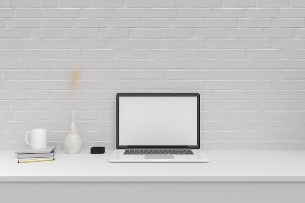 PSD workspace with desktop computer office supplies books at office and mockup computer devices supplies and decorations on white table desk work concept