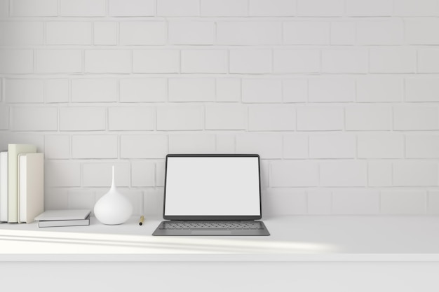 PSD workspace with desktop computer office supplies books at office and mockup computer devices supplies and decorations on white table desk work concept