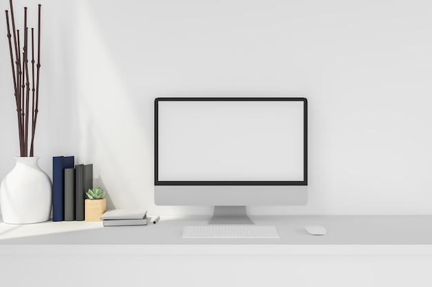 Workspace with desktop computer office supplies books at office and mockup computer devices supplies and decorations on white table desk work concept