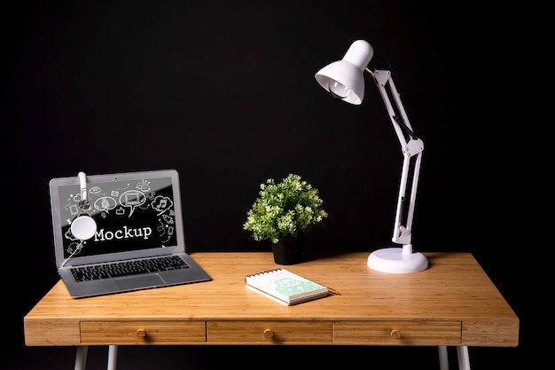 Workspace with lamp and plant