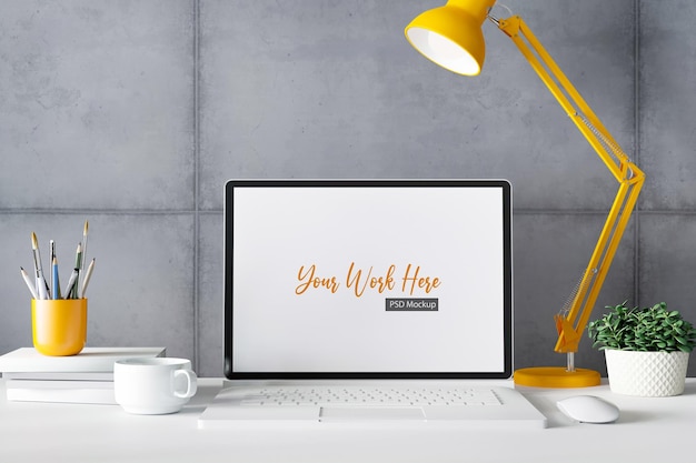 workspace with mockup blank screen laptop computer. 3d rendering.