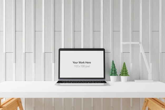 Workspace with mockup screen of laptop computer in 3d rendering