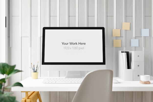 workspace with mockup screen of laptop computer in 3d rendering
