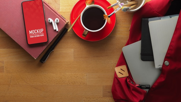 Workspace with smartphone mockup and coffee