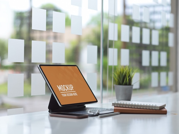 Worktable office with laptop mockup