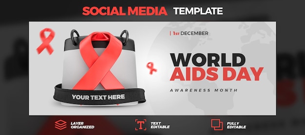 Modello di banner per social media della giornata mondiale contro l'aids con nastro rosso