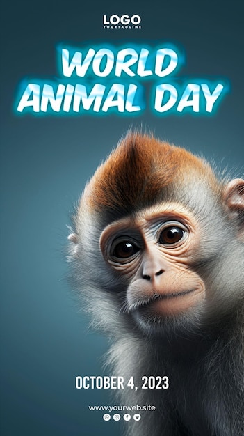 PSD 世界動物の日の背景と猿の背景を持つ動物ポスター