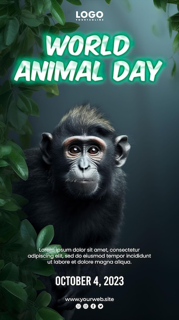 PSD sfondo della giornata mondiale degli animali e poster di animali con sfondo di scimmia