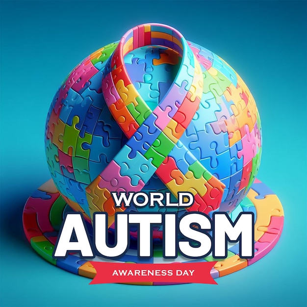 Giornata mondiale della consapevolezza dell'autismo piatto e illustrazione 3d con un nastro colorato e pezzi di puzzle