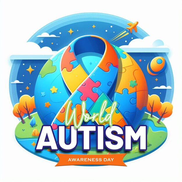 PSD giornata mondiale della consapevolezza dell'autismo piatto e illustrazione 3d con un nastro colorato e pezzi di puzzle