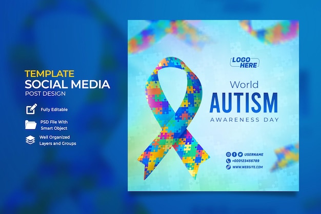 PSD modello di post instagram e social media per la giornata mondiale di sensibilizzazione sull'autismo