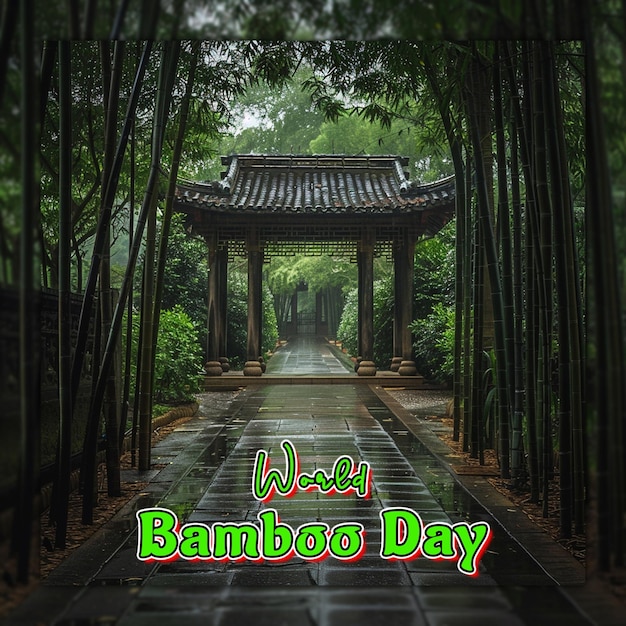 PSD world bamboo day nature bamboo branches with rain drops for social media post design