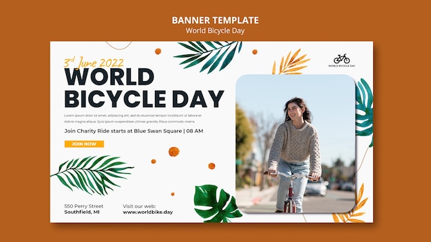 PSD modello di banner orizzontale della giornata mondiale della bicicletta