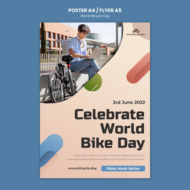PSD modello di poster verticale per la giornata mondiale della bicicletta con persona che usa la bici