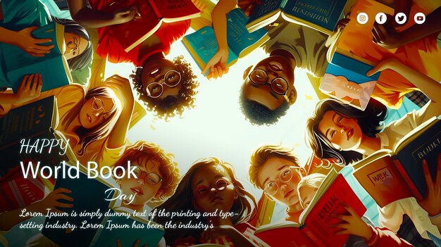 PSD Плакат всемирного дня книги с открытой книгой с фантастическим миром появляется в социальных сетях