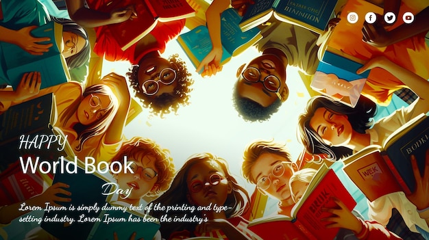 PSD banner della giornata mondiale del libro di un libro aperto con un mondo fantastico che spunta sui social media