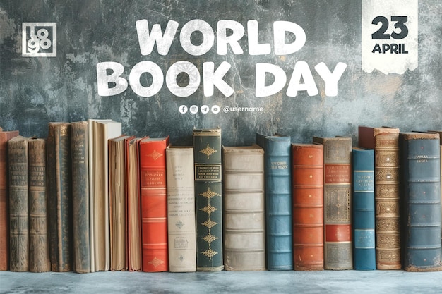 World book day banner template with front view of stock of books on minimalistic background