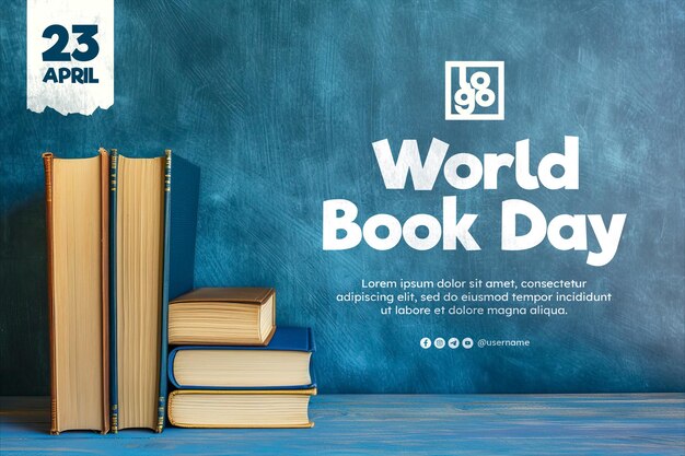 World book day banner template with front view of stock of books on minimalistic background