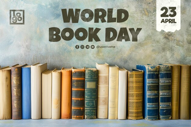 PSD world book day banner template with front view of stock of books on minimalistic background