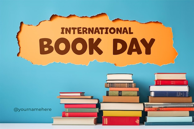 PSD world book day banner template with stock of books on minimalistic background