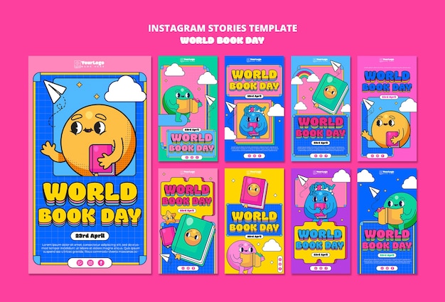 PSD storie di instagram per la celebrazione della giornata mondiale del libro