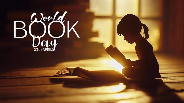 PSD world book day concept paper silhouette of a little girl reading a book on a wooden table