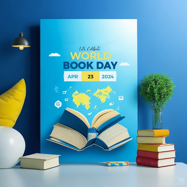 World book day social media post poster design with book background hyperrealistic